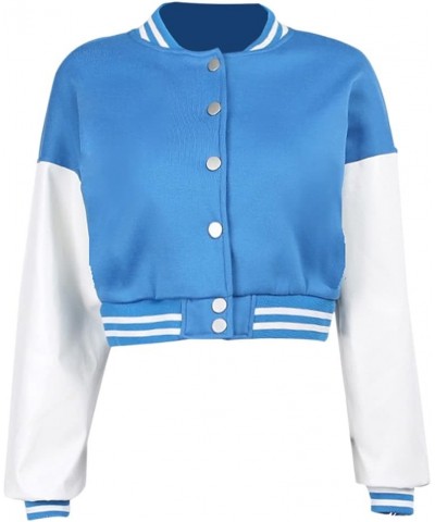 Women Color block Crop Fleece Baseball Jacket Button Down Bomber Coats Sweatshirt Blue $12.00 Jackets