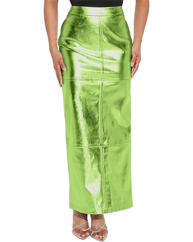 Women's Leather Metallic Skirt High Waisted Bodycon Casual Work Pencil Maxi Skirt with Slit Dressy 02 Green $12.71 Skirts