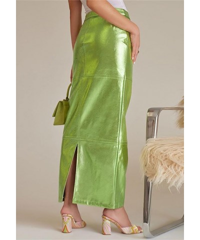 Women's Leather Metallic Skirt High Waisted Bodycon Casual Work Pencil Maxi Skirt with Slit Dressy 02 Green $12.71 Skirts