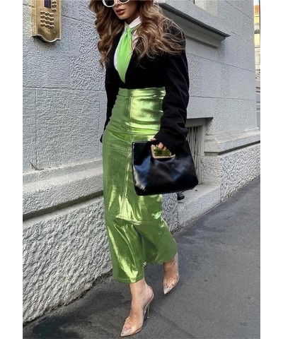 Women's Leather Metallic Skirt High Waisted Bodycon Casual Work Pencil Maxi Skirt with Slit Dressy 02 Green $12.71 Skirts