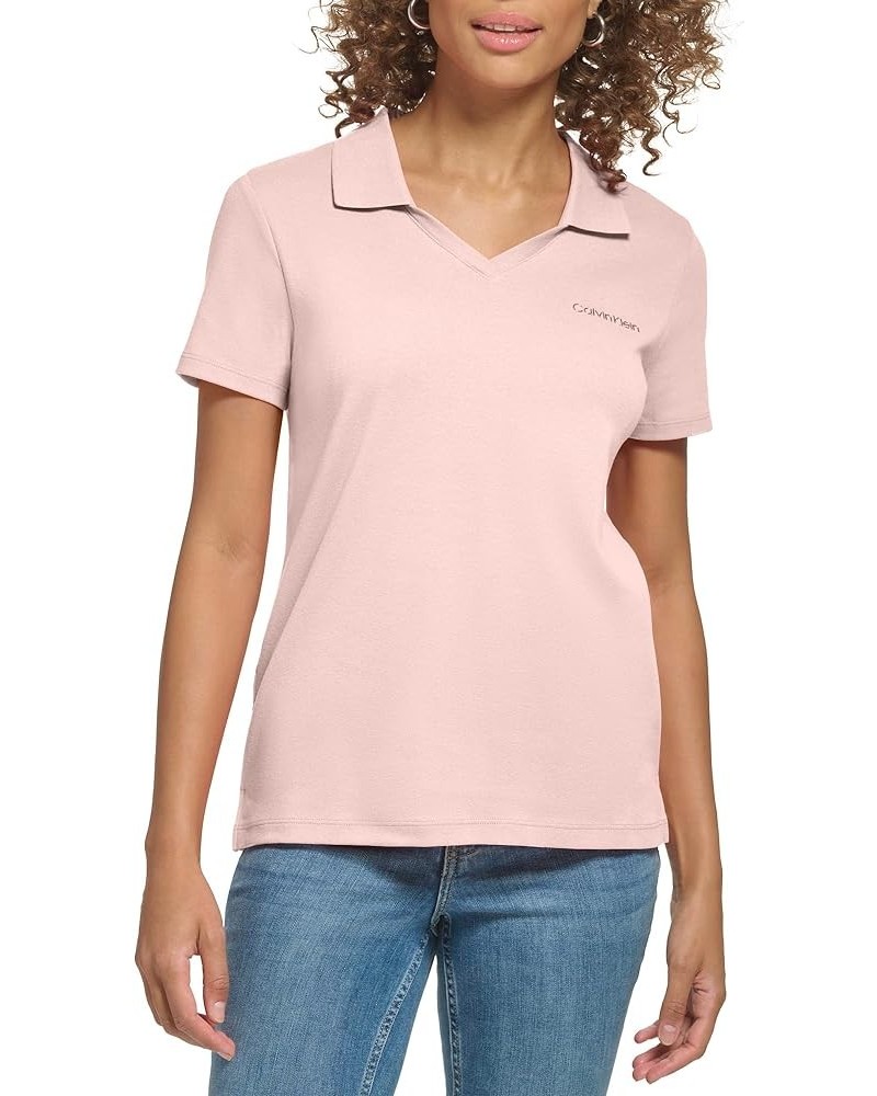 Women's Lower Neckline Casual Collar 1x1 Rib Cotton Short Sleeve Petal $21.20 Activewear