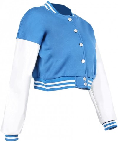 Women Color block Crop Fleece Baseball Jacket Button Down Bomber Coats Sweatshirt Blue $12.00 Jackets