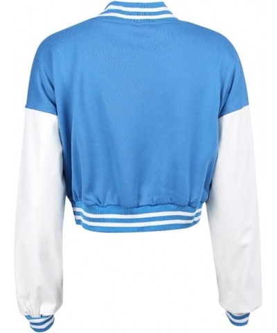 Women Color block Crop Fleece Baseball Jacket Button Down Bomber Coats Sweatshirt Blue $12.00 Jackets