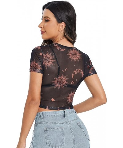 Women's Short Sleeve Print See Through Sheer Mesh Crop Top T Shirt Black 2 $11.19 T-Shirts