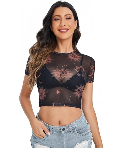 Women's Short Sleeve Print See Through Sheer Mesh Crop Top T Shirt Black 2 $11.19 T-Shirts