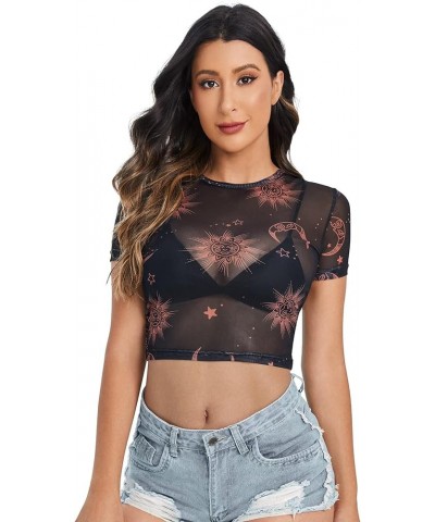 Women's Short Sleeve Print See Through Sheer Mesh Crop Top T Shirt Black 2 $11.19 T-Shirts