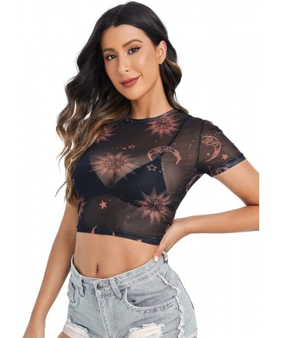 Women's Short Sleeve Print See Through Sheer Mesh Crop Top T Shirt Black 2 $11.19 T-Shirts