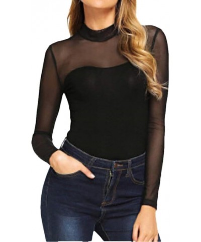 Women's Long Sleeve High Neck Bodysuit Mesh Sheer Jumpsuit Hollow Leotard Tops 1 $17.53 Bodysuits