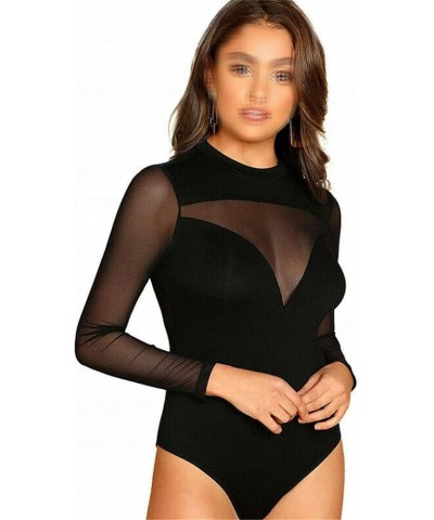 Women's Long Sleeve High Neck Bodysuit Mesh Sheer Jumpsuit Hollow Leotard Tops 1 $17.53 Bodysuits