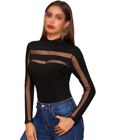 Women's Long Sleeve High Neck Bodysuit Mesh Sheer Jumpsuit Hollow Leotard Tops 1 $17.53 Bodysuits