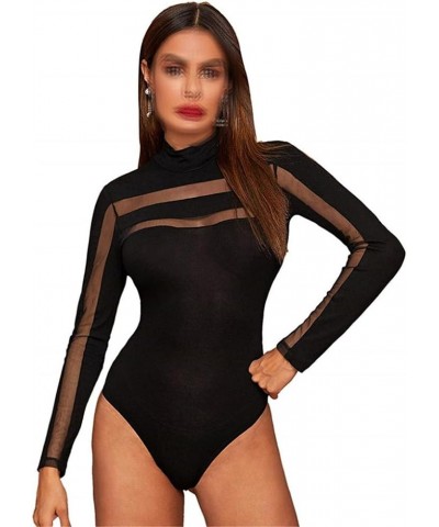 Women's Long Sleeve High Neck Bodysuit Mesh Sheer Jumpsuit Hollow Leotard Tops 1 $17.53 Bodysuits