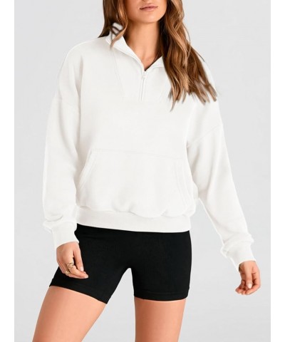 Womens Quarter Zip Long Sleeve Cropped Sweatshirt 2023 Fall Winter Casual V Neck Pullover Tops With Pockets White $17.63 Hood...