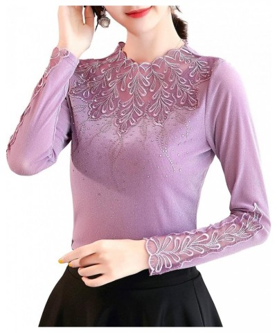 Women's Elegant Lace Embroidered Tops Long Sleeve Casual Mesh Rhinestone Blouses Work Shirts Pink $23.77 Tops