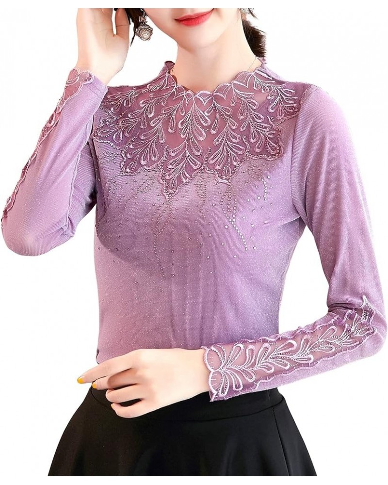 Women's Elegant Lace Embroidered Tops Long Sleeve Casual Mesh Rhinestone Blouses Work Shirts Pink $23.77 Tops