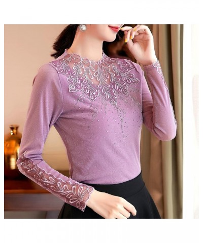 Women's Elegant Lace Embroidered Tops Long Sleeve Casual Mesh Rhinestone Blouses Work Shirts Pink $23.77 Tops