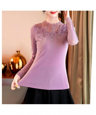 Women's Elegant Lace Embroidered Tops Long Sleeve Casual Mesh Rhinestone Blouses Work Shirts Pink $23.77 Tops