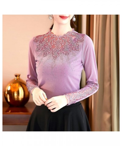 Women's Elegant Lace Embroidered Tops Long Sleeve Casual Mesh Rhinestone Blouses Work Shirts Pink $23.77 Tops