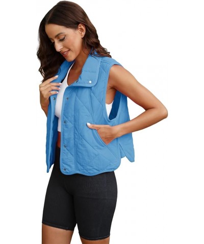 Womens Quilted Vest Cropped Puffer Vest Lightweight Outwear with Pockets Button Down Puffy Vest Padded Gilet Blue $25.19 Vests