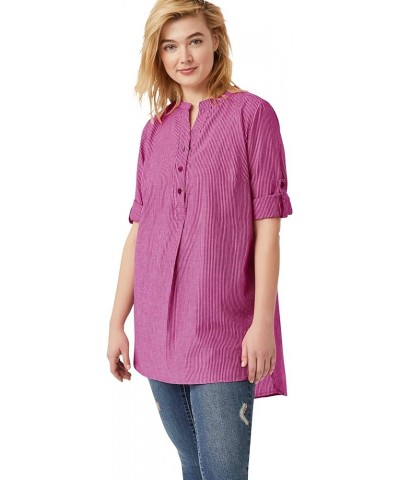 Women's Plus Size Striped Henley Tunic Oversized Long Top Wear with Leggings Deep Magenta Stripe $18.47 Others