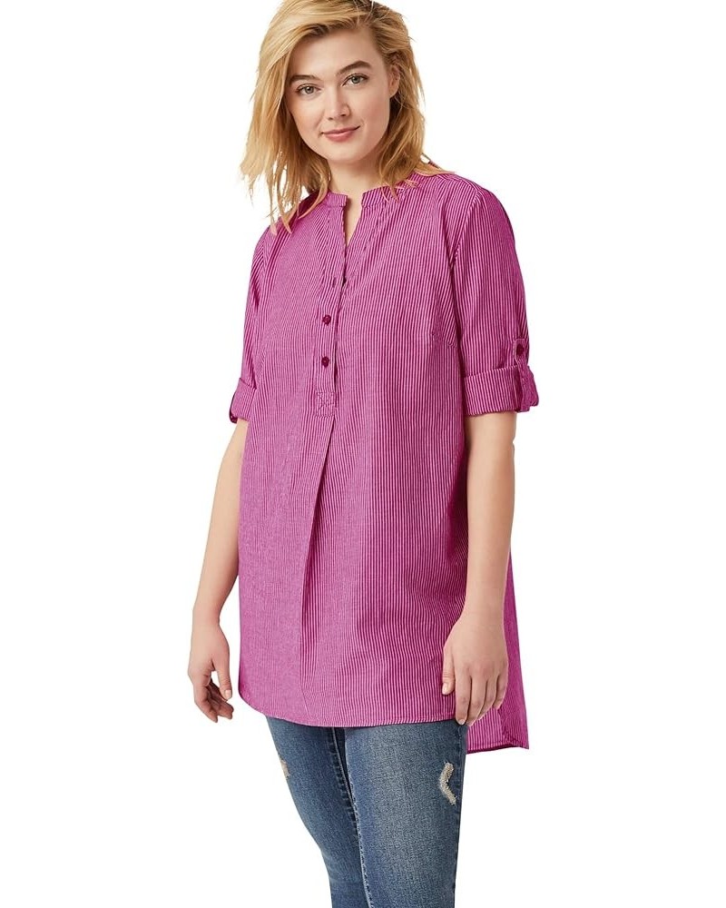 Women's Plus Size Striped Henley Tunic Oversized Long Top Wear with Leggings Deep Magenta Stripe $18.47 Others