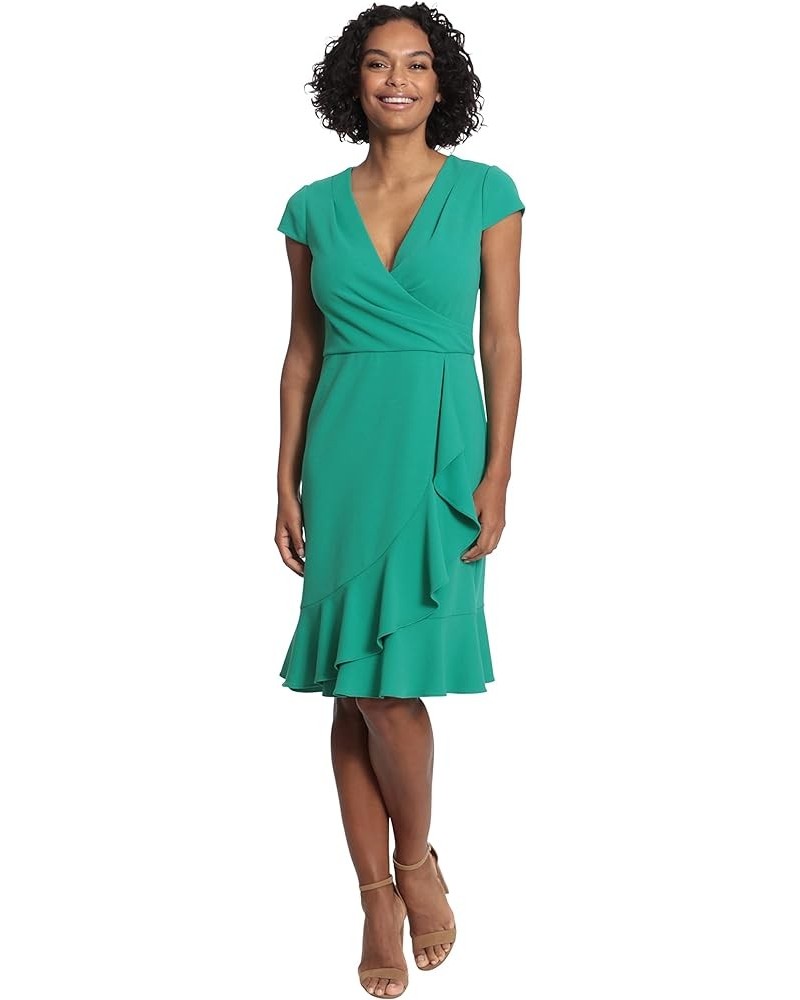 Women's Cap Sleeve Surplus V-Neck Knee Length Dress with Ruffle Faux Wrap Skirt Viridis Green $29.79 Dresses