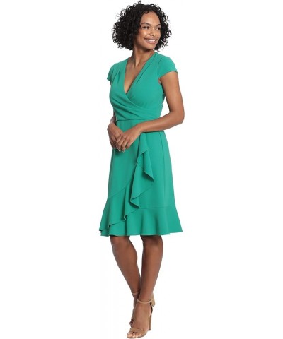 Women's Cap Sleeve Surplus V-Neck Knee Length Dress with Ruffle Faux Wrap Skirt Viridis Green $29.79 Dresses