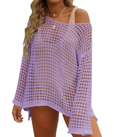 Women's 2024 Summer Crochet Hollow Out Long Sleeve Beach Bikini Swimsuit Mesh Cover Up Tunic Top Purple $14.70 Swimsuits