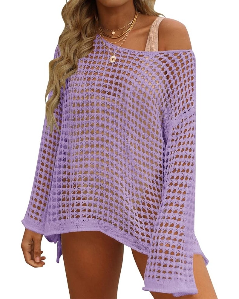 Women's 2024 Summer Crochet Hollow Out Long Sleeve Beach Bikini Swimsuit Mesh Cover Up Tunic Top Purple $14.70 Swimsuits