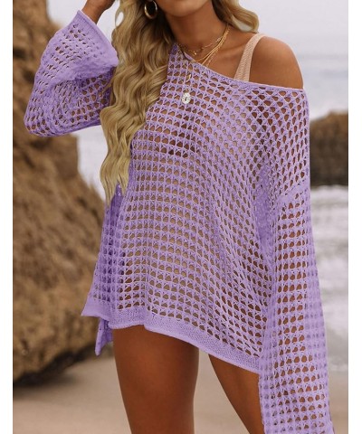 Women's 2024 Summer Crochet Hollow Out Long Sleeve Beach Bikini Swimsuit Mesh Cover Up Tunic Top Purple $14.70 Swimsuits