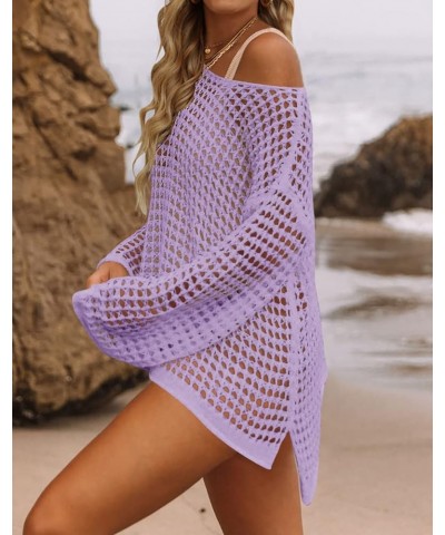 Women's 2024 Summer Crochet Hollow Out Long Sleeve Beach Bikini Swimsuit Mesh Cover Up Tunic Top Purple $14.70 Swimsuits