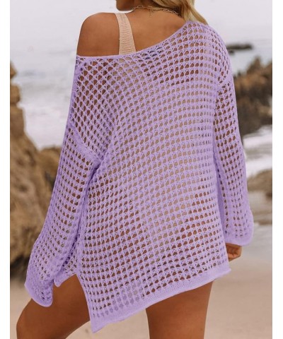 Women's 2024 Summer Crochet Hollow Out Long Sleeve Beach Bikini Swimsuit Mesh Cover Up Tunic Top Purple $14.70 Swimsuits