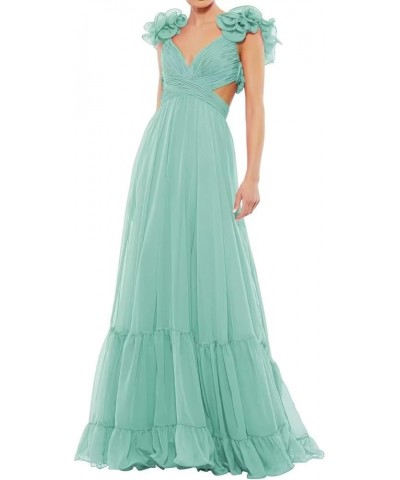 Women's Chiffon Ruffle Prom Dresses Ruched A Line Evening Formal Gowns Long V Neck Wedding Guest Dresses Mint $39.04 Dresses