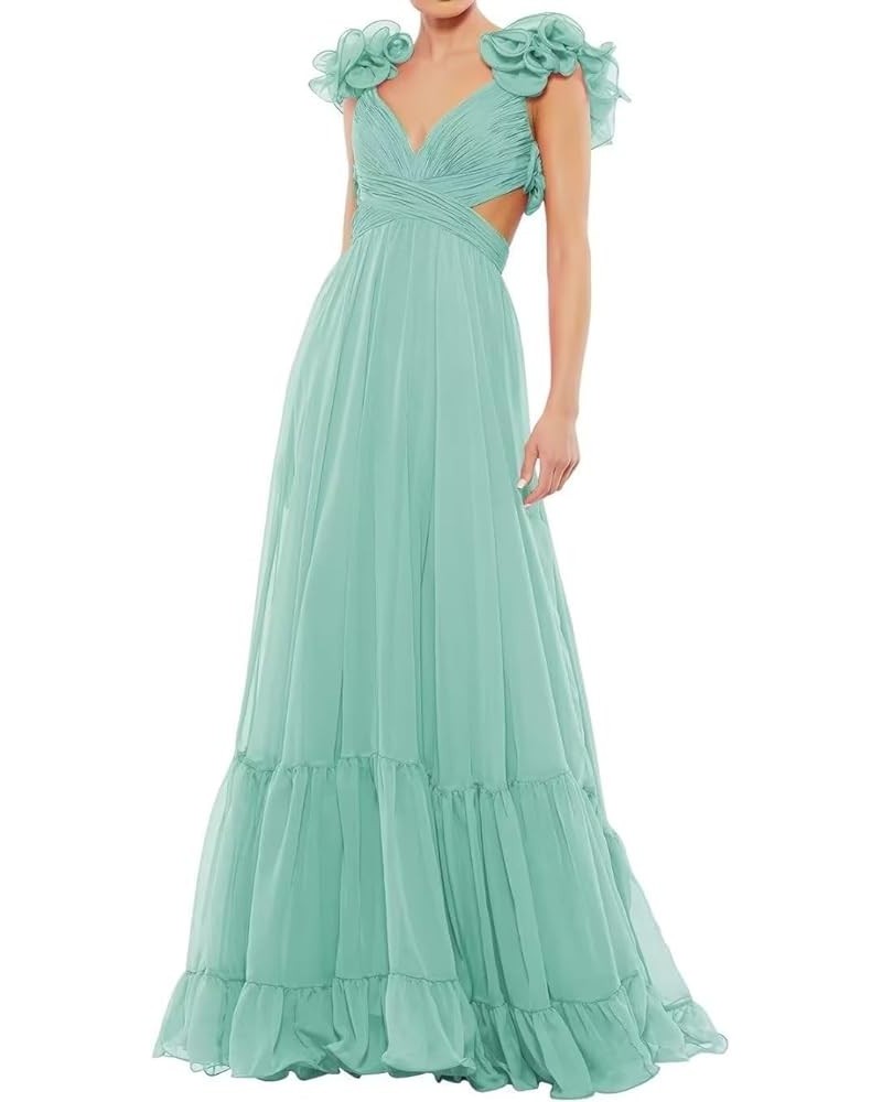 Women's Chiffon Ruffle Prom Dresses Ruched A Line Evening Formal Gowns Long V Neck Wedding Guest Dresses Mint $39.04 Dresses