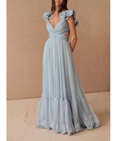 Women's Chiffon Ruffle Prom Dresses Ruched A Line Evening Formal Gowns Long V Neck Wedding Guest Dresses Mint $39.04 Dresses