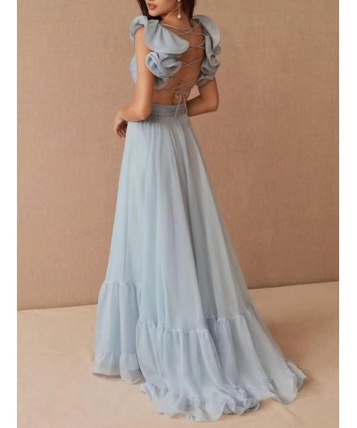 Women's Chiffon Ruffle Prom Dresses Ruched A Line Evening Formal Gowns Long V Neck Wedding Guest Dresses Mint $39.04 Dresses