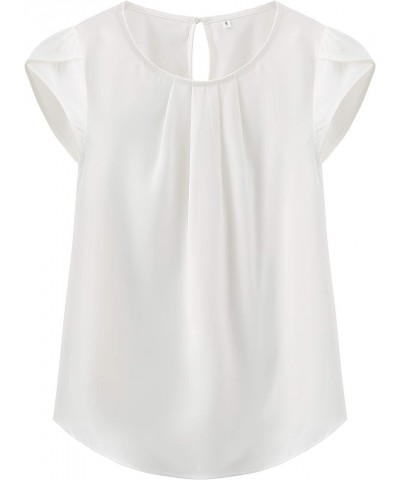 Women's Casual Round Neck Basic Pleated Top Cap Sleeve Curved Keyhole Back Chiffon Blouse A - White $15.89 Blouses