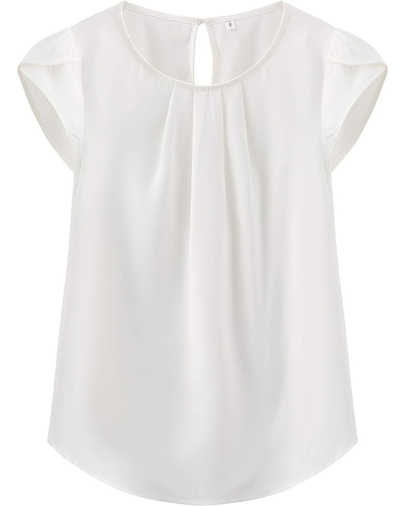 Women's Casual Round Neck Basic Pleated Top Cap Sleeve Curved Keyhole Back Chiffon Blouse A - White $15.89 Blouses