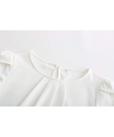 Women's Casual Round Neck Basic Pleated Top Cap Sleeve Curved Keyhole Back Chiffon Blouse A - White $15.89 Blouses