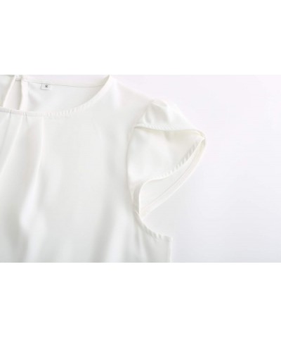 Women's Casual Round Neck Basic Pleated Top Cap Sleeve Curved Keyhole Back Chiffon Blouse A - White $15.89 Blouses