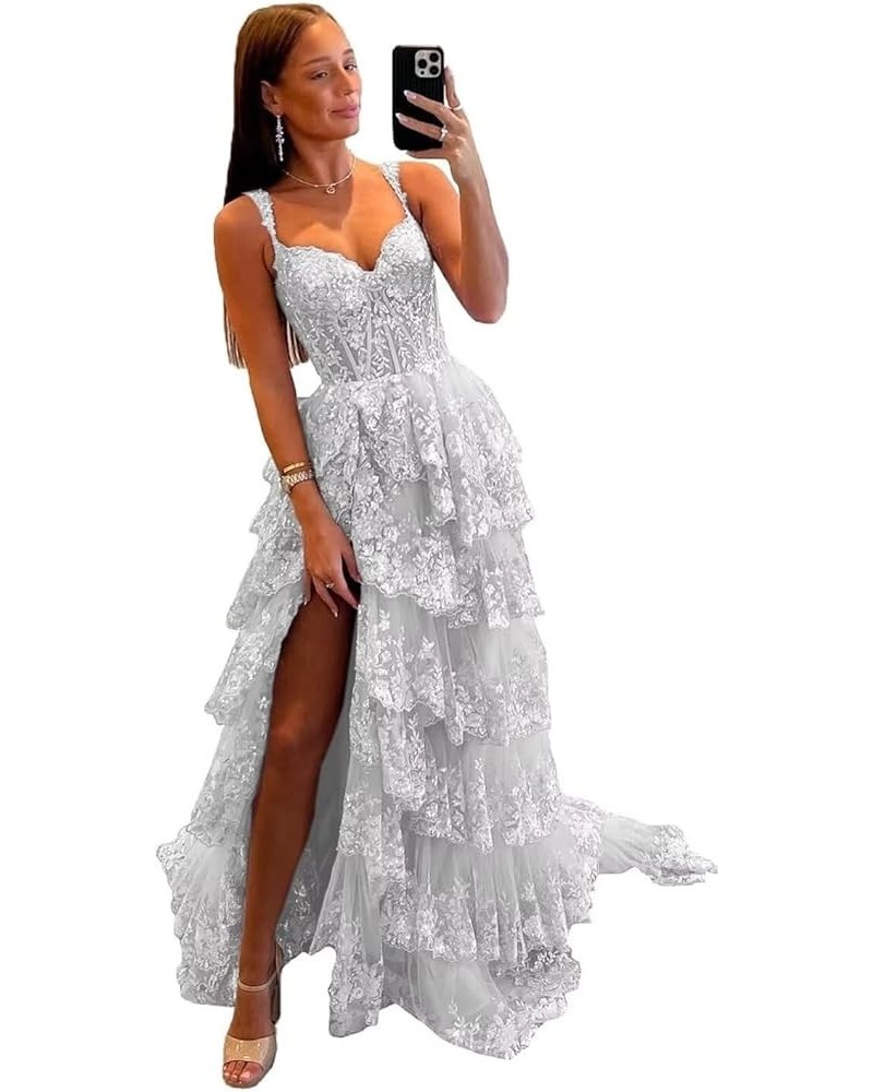 Lace Tulle Tiered Prom Dresses for Women Spaghetti Straps Corset Long Formal Evening Dresses with Slit Silver $47.50 Dresses