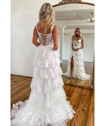 Lace Tulle Tiered Prom Dresses for Women Spaghetti Straps Corset Long Formal Evening Dresses with Slit Silver $47.50 Dresses