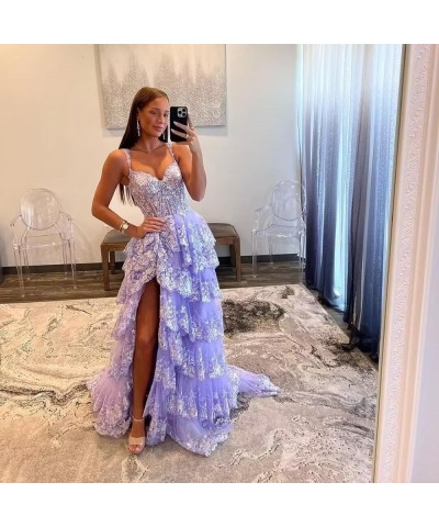 Lace Tulle Tiered Prom Dresses for Women Spaghetti Straps Corset Long Formal Evening Dresses with Slit Silver $47.50 Dresses