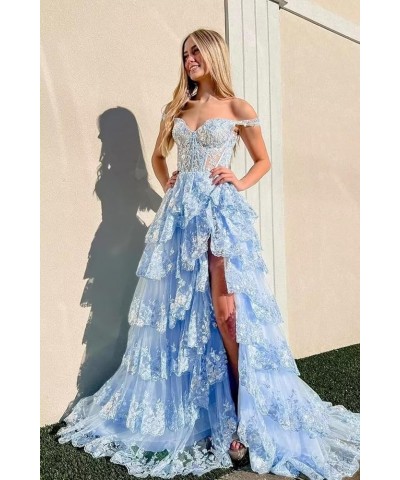 Lace Tulle Tiered Prom Dresses for Women Spaghetti Straps Corset Long Formal Evening Dresses with Slit Silver $47.50 Dresses