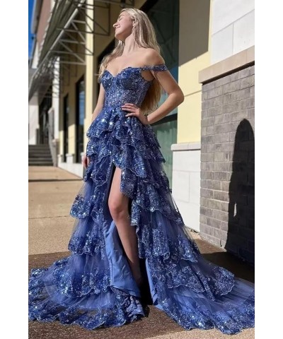 Lace Tulle Tiered Prom Dresses for Women Spaghetti Straps Corset Long Formal Evening Dresses with Slit Silver $47.50 Dresses