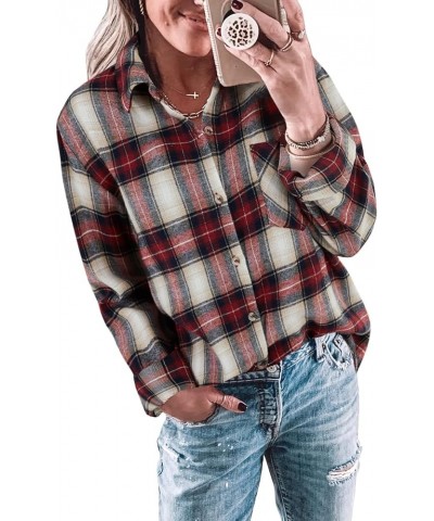 Womens Long Sleeve Button Down Shirt Casual Plaid Flannel Shirt Collared Blouse Tops Red White $19.37 Blouses