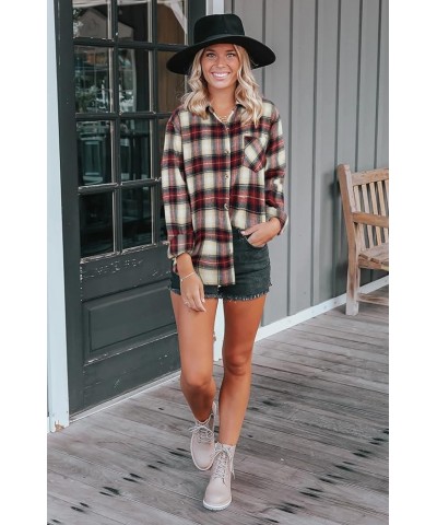 Womens Long Sleeve Button Down Shirt Casual Plaid Flannel Shirt Collared Blouse Tops Red White $19.37 Blouses