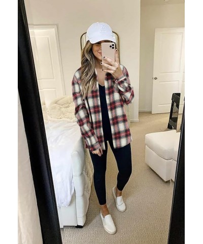 Womens Long Sleeve Button Down Shirt Casual Plaid Flannel Shirt Collared Blouse Tops Red White $19.37 Blouses