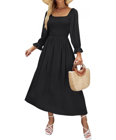 Women's Casual Square Neck 3/4 Puff Sleeve Solid Color Smocked High Waist Flowy Midi Dress Black $20.99 Dresses