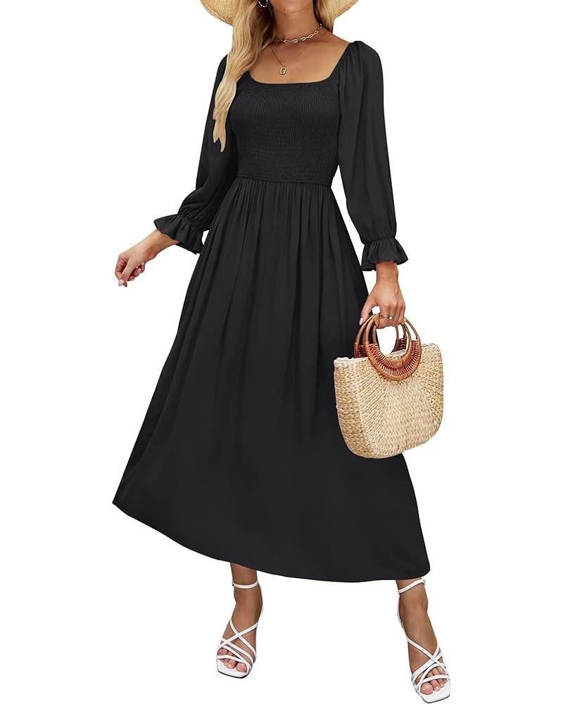 Women's Casual Square Neck 3/4 Puff Sleeve Solid Color Smocked High Waist Flowy Midi Dress Black $20.99 Dresses