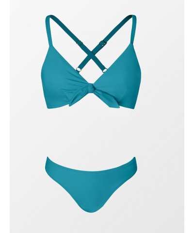 Women's Two Piece Bikini Set Floral Print Knot Bunny Tie Teal Blue $17.86 Swimsuits